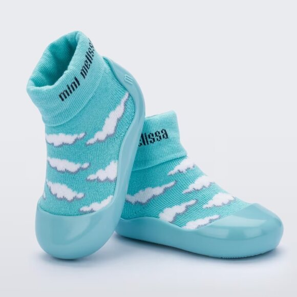 NEW Mini Melissa Baby Alpha Play Blue Sky Cloud Print Knit Sock Sneaker Flats - Picture 1 of 4